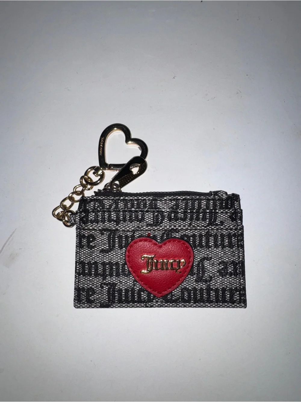 Juicy Couture Black Logo Card Holder with Red Heart and Gold Keychain